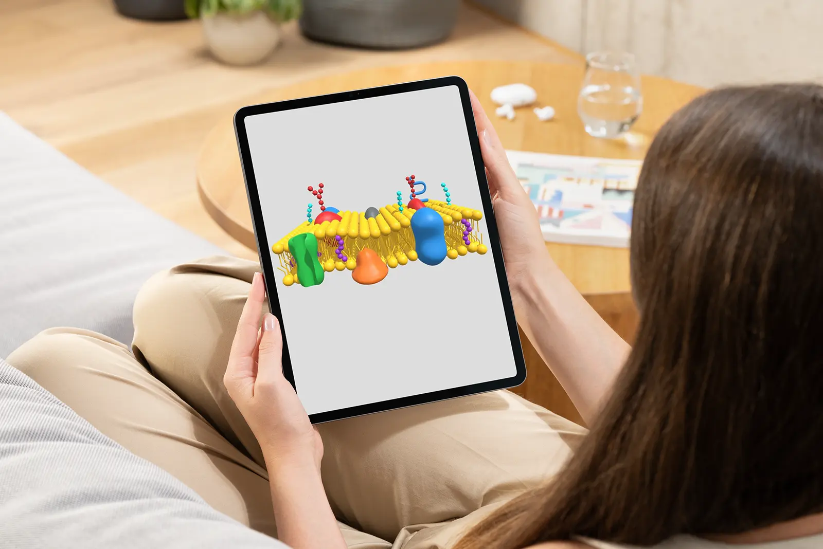 Mulher jovem usando um tablet para acessar as ferramentas de Realidade Aumentada do site Citossina Mulher jovem usando um tablet para acessar as ferramentas de Realidade Aumentada do site Citossina